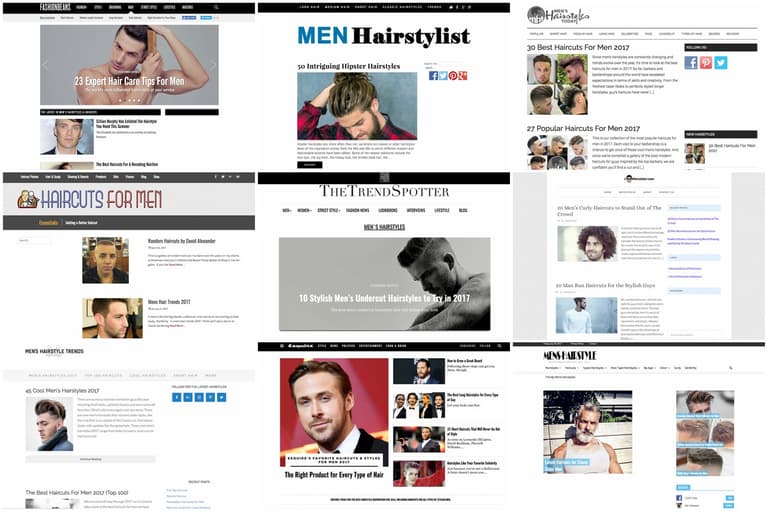 Collage of men's hairstyle website pages featuring various haircut styles and grooming tips.