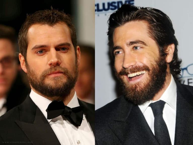 Two men with beards in formal attire; one wears a tuxedo and the other a suit, both with styled hair.