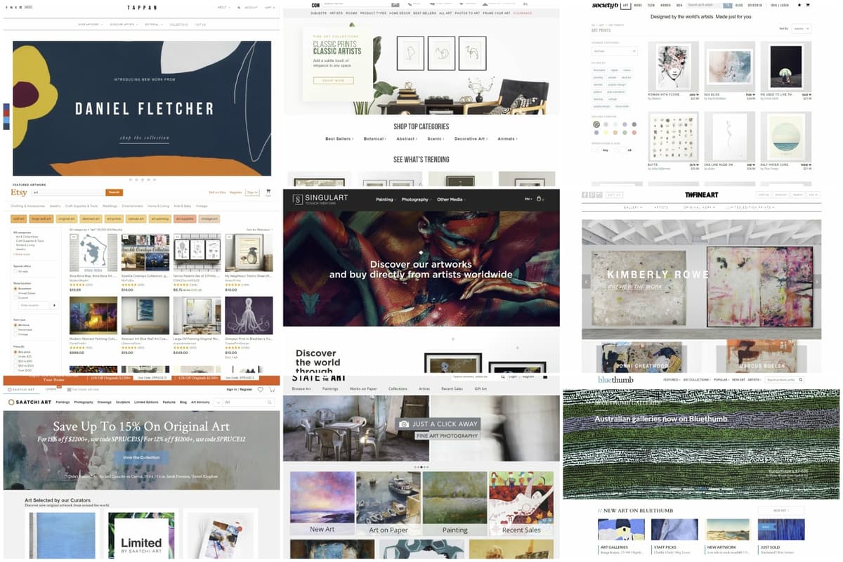 Collage of online art store homepages, including Etsy, Saatchi Art, and Society6, showcasing diverse artwork.