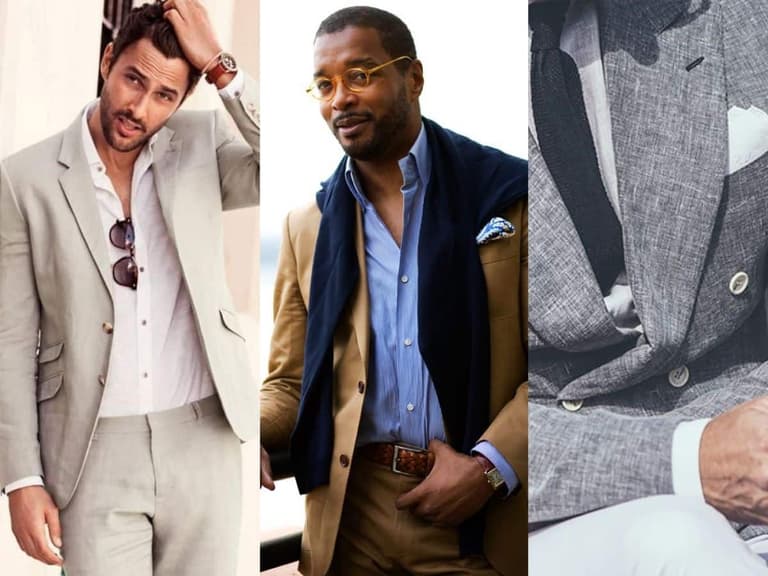 Three men wearing linen suits in beige, tan, and grey, each styled with shirts and accessories, in a collage format.
