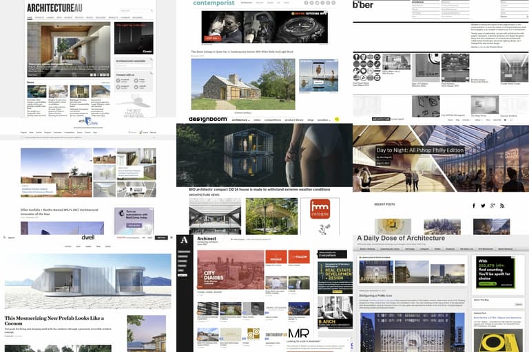 Collage of architecture blog homepages featuring diverse building designs and layouts.