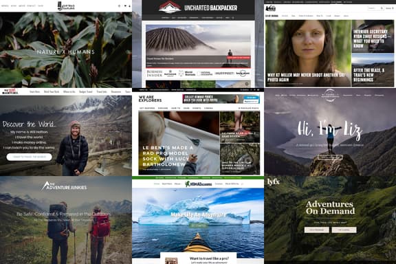 Collage of adventure blog homepages featuring nature photography, travel scenes, and explorers.