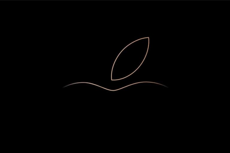 Apple logo in minimalist gold outline on black background.