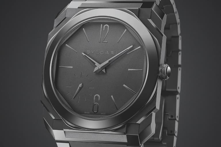 Closeup of Bulgari Octo Finissimo Automatic Black Sandblast-Polished Ceramic watch