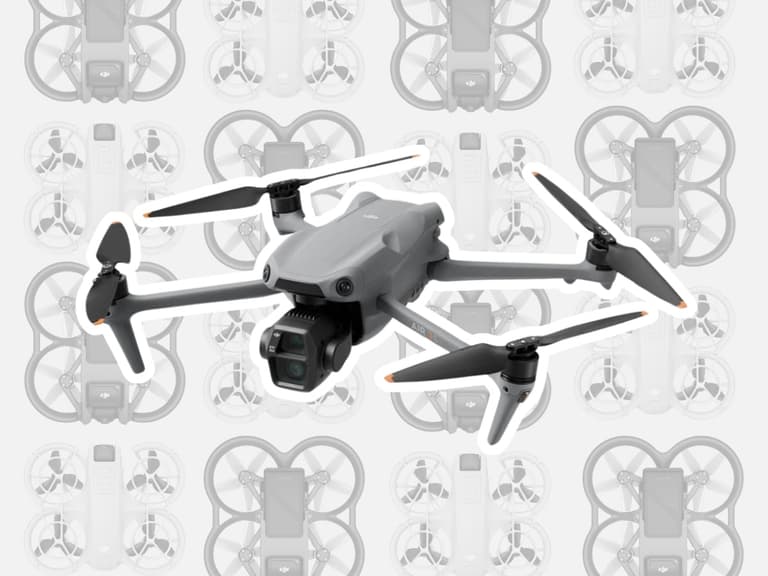 DJI drone with four propellers and a camera, set against a patterned background of smaller drones.