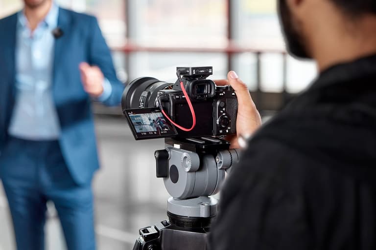 Camera setup with Rode Wireless GO II microphone attached, capturing a person in a blue suit indoors.