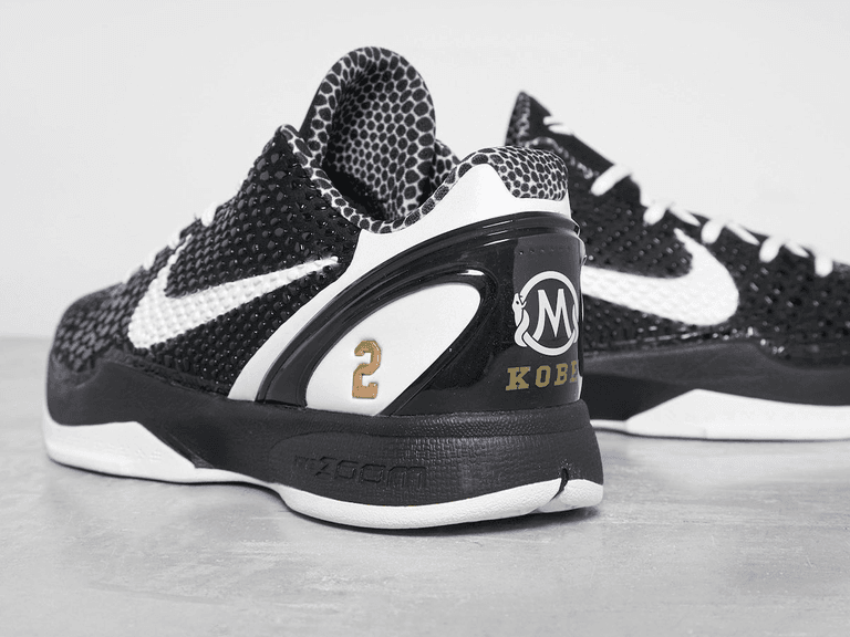 Nike Kobe 6 Protro Mambacita Sweet 16 sneakers with black and white textured upper, showing heel details.