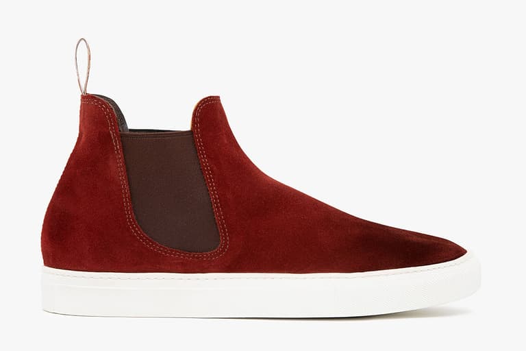 R.M. Williams Barton Boot in red suede with white sole, side profile on white background.