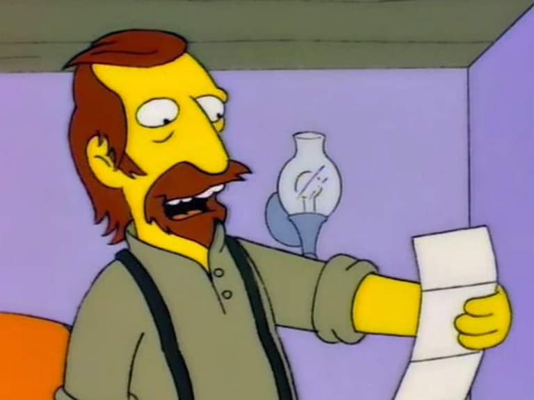 Animated character with red hair and beard holding a paper, standing in a room with a purple wall and an oil lamp.