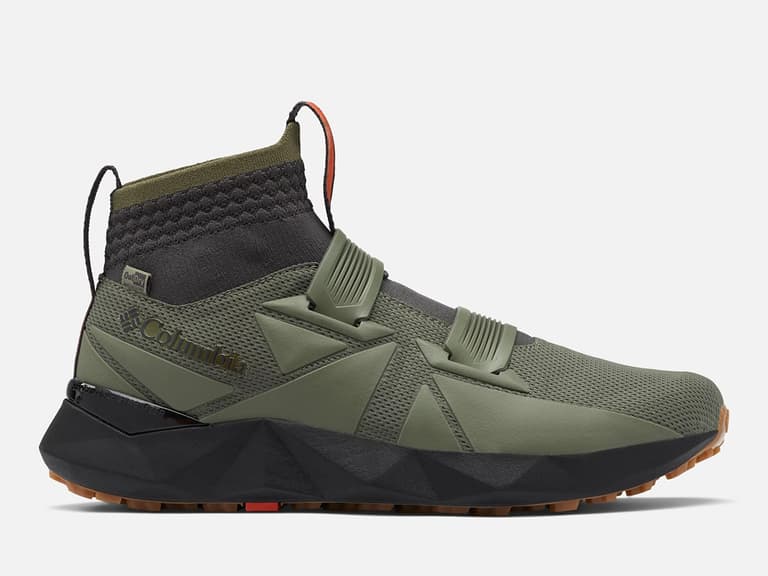 Columbia Facet 45 OutDry sneaker in olive green with geometric design and black sole, side view.