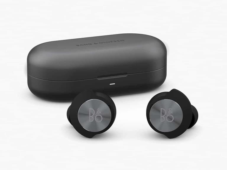 Bang & Olufsen Beoplay EQ earbuds in black with matching charging case on a white background.