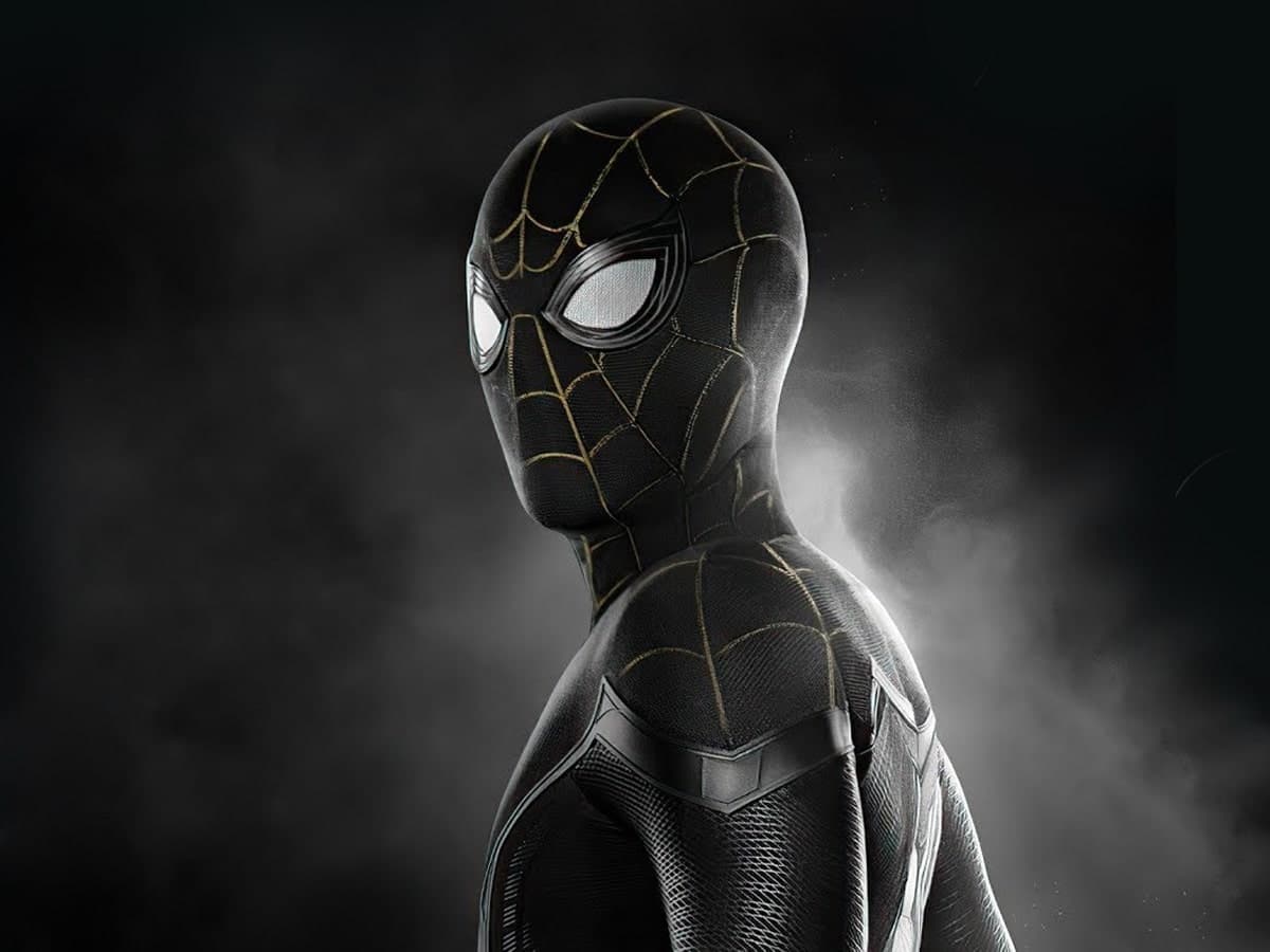 Spider-Man in black and gold suit stands against a smoky dark background, looking to the side.