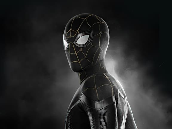 Spider-Man in black and gold suit stands against a smoky dark background, looking to the side.