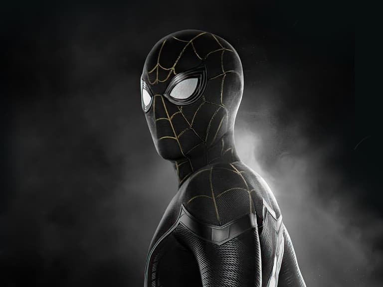 Spider-Man in black and gold suit stands against a smoky dark background, looking to the side.