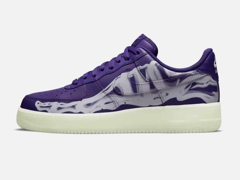 Nike Air Force 1 Purple Skeleton with glow-in-the-dark sole and white skeletal design on side.