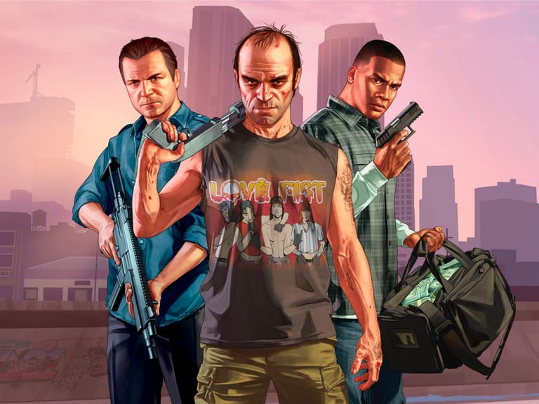 Three Grand Theft Auto VI characters holding weapons against a city skyline backdrop at sunset.