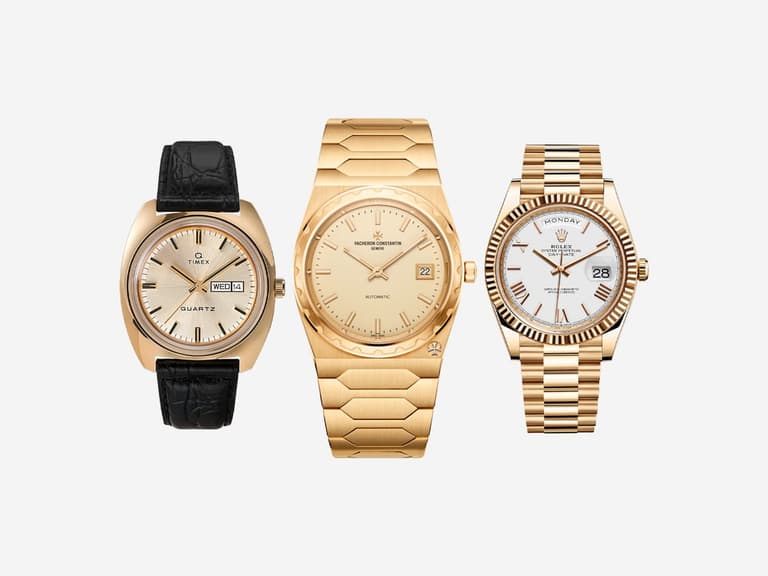Timex, Vacheron Constantin, and Rolex gold watches with leather and metal bands on a white background.