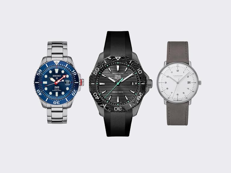 Seiko Prospex, Citizen Eco-Drive, and Junghans Max Bill watches on a white background.