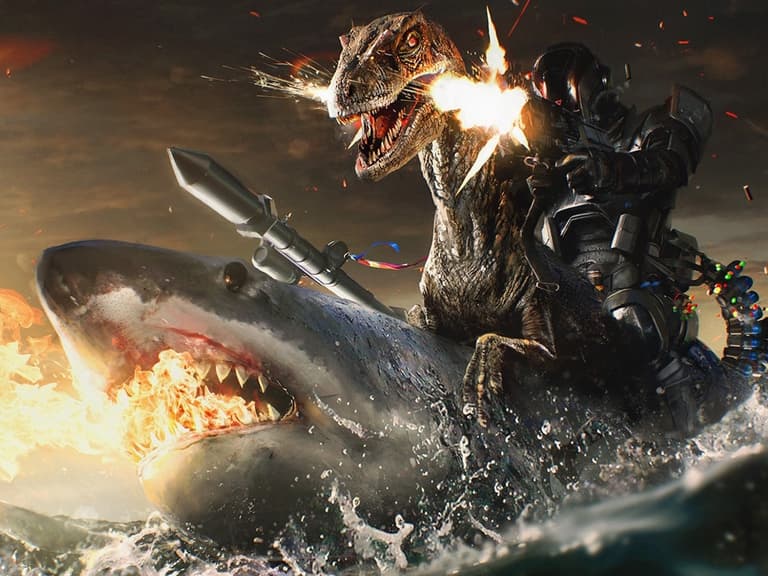 Dinosaur in armour riding a shark with flames and rockets in a dynamic ocean scene.