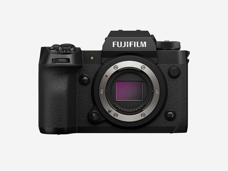 Fujifilm X-H2 mirrorless camera body in black, front view showing sensor, on white background.