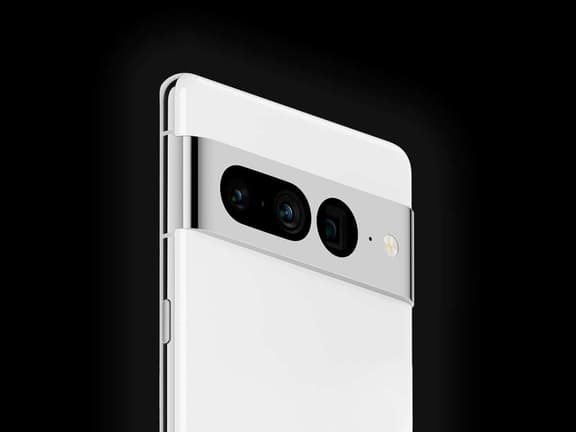 Google Pixel 7 Pro in Snow colour, rear view showing camera module against black background.