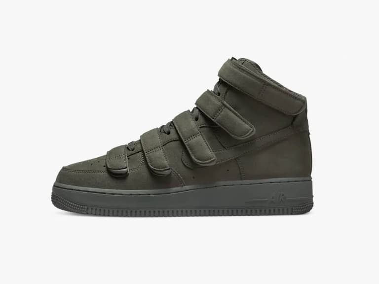 Nike Air Force 1 Billie Sequoia sneaker in dark green with multiple velcro straps, side view.