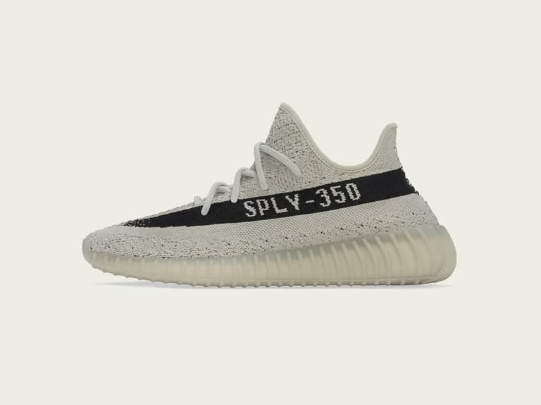 Adidas Yeezy 350 V2 Slate in grey with black stripe, side profile on white background.