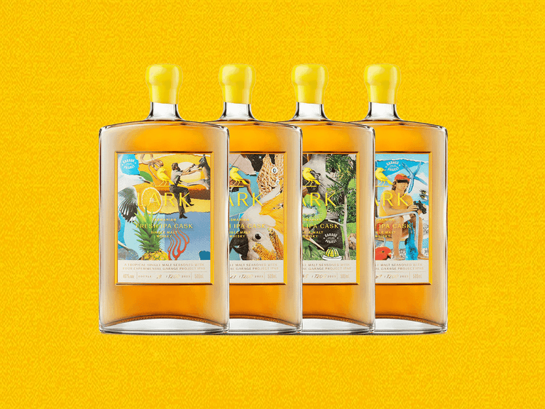 Lark Distilling Co Fresh IPA Cask Whisky bottles with vibrant labels on a yellow background.