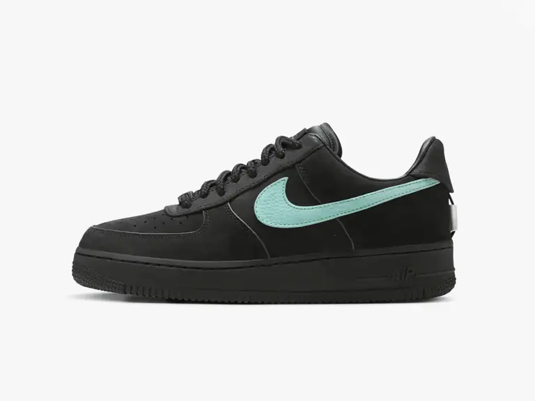 Nike Air Force 1 x Tiffany & Co. '1837' in black suede with signature Tiffany blue swoosh, side view.