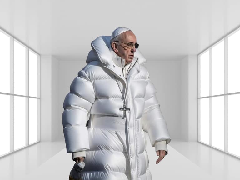 Pope wearing oversized white puffer jacket and sunglasses in minimalist white room.