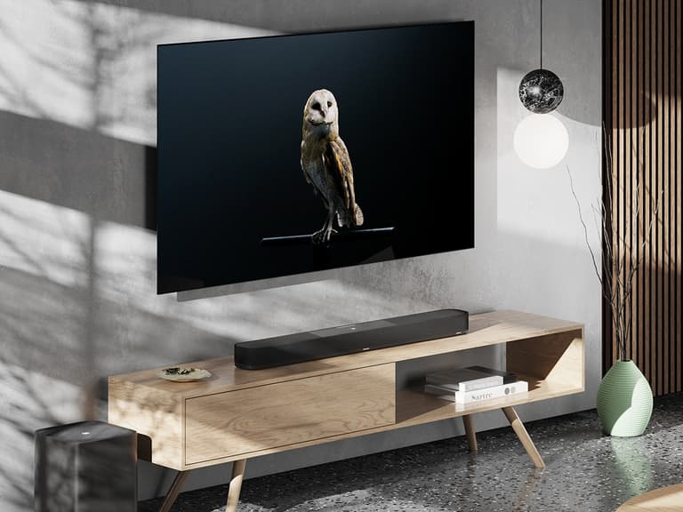 Sennheiser Ambeo Soundbar Plus on wooden console beneath wall-mounted TV displaying owl image.