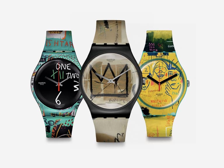 Swatch x Basquiat watches featuring vibrant abstract designs and bold colours on a white background.