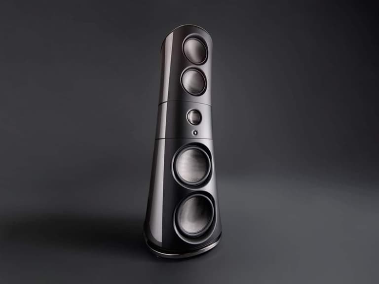 Magico M9 carbon fibre floorstanding speaker with sleek black finish against a dark background.