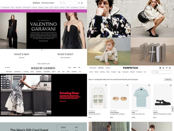 Collage of luxury shopping site homepages, including Moda Operandi, Farfetch, and Bergdorf Goodman, showcasing fashion and accessories.