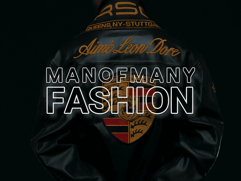 Aimé Leon Dore jacket with embroidered logos and text, featuring bold "Man of Many Fashion" overlay.