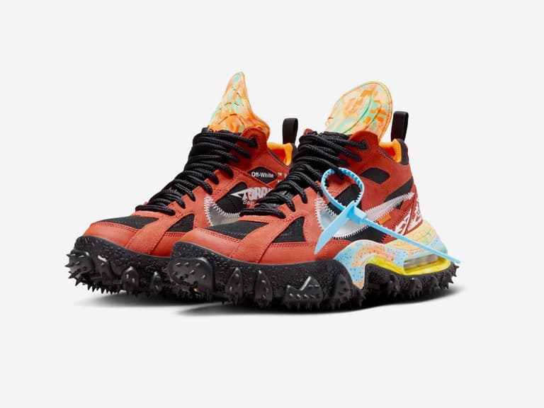 Nike x Off-White Terra Forma sneakers in Mantra Orange with spiked soles and vibrant accents.
