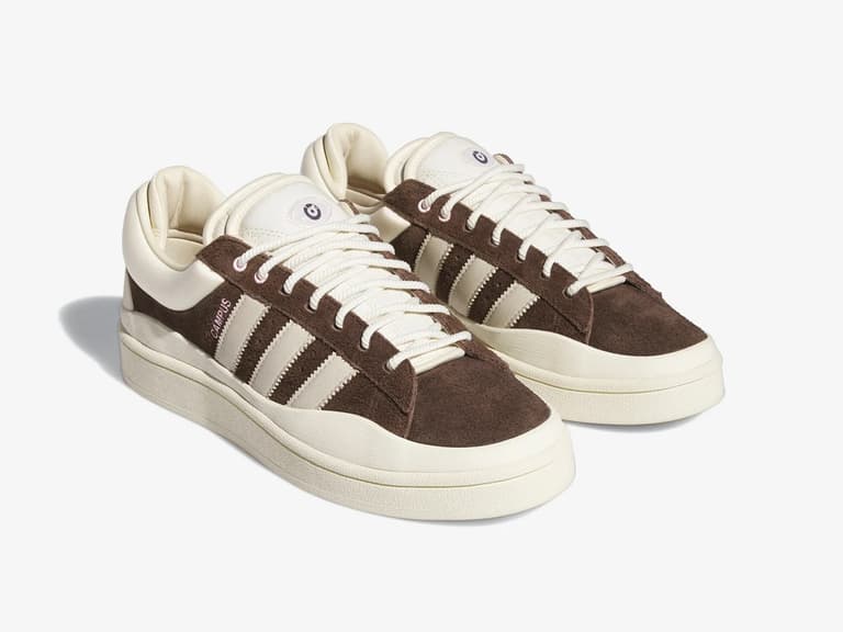 Adidas x Bad Bunny sneakers in brown and cream suede, featuring Western-inspired design elements.