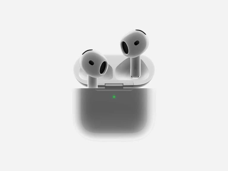 Apple AirPods 4 in white resting on open charging case against a plain background.
