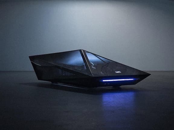 Lo-Res Car in dimly lit setting with angular, futuristic design and glowing blue front light.