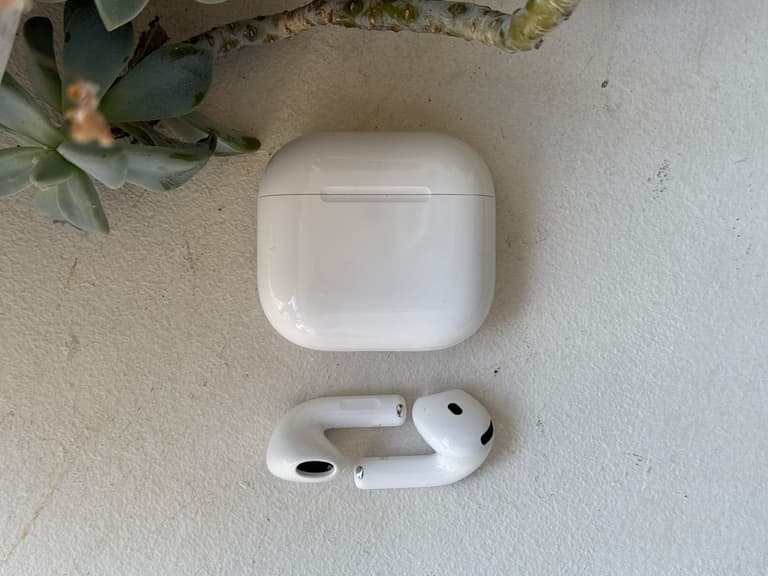Apple AirPods 4 with charging case on a light surface, surrounded by green succulents.