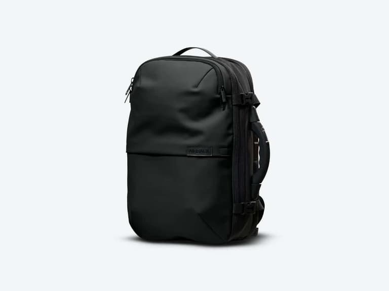 Airback Matt Black Backpack with sleek design and patented vacuum system, shown on a white background.