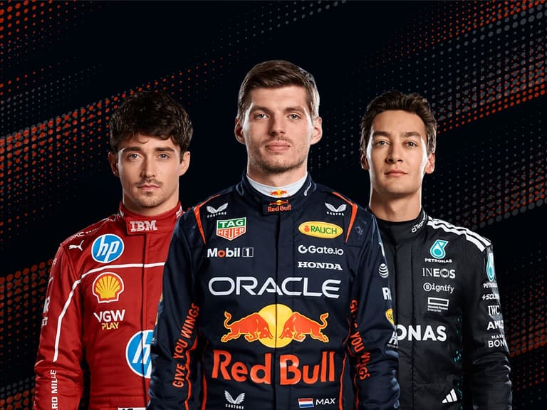 from left to right: Charles Leclerc, Max Verstappen, George Russell