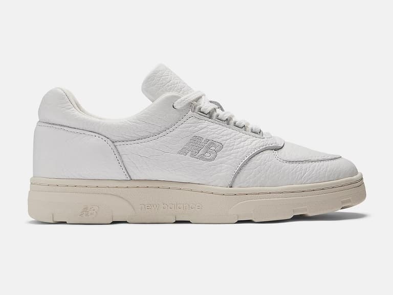 New Balance Made in UK Allerdale in white leather, side view on a plain background.