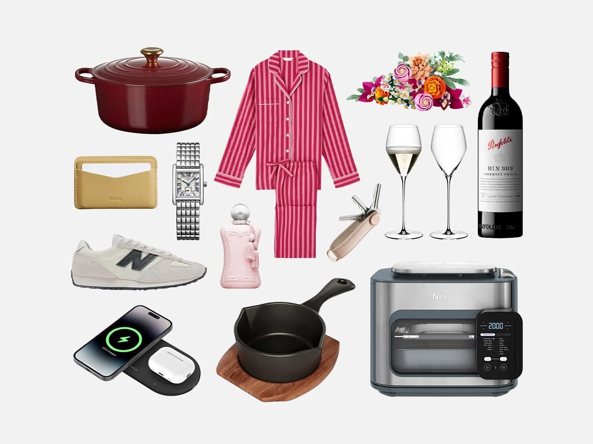 Mother's Day gift ideas including red casserole dish, striped pyjamas, flowers, wine, and kitchen gadgets on white background.