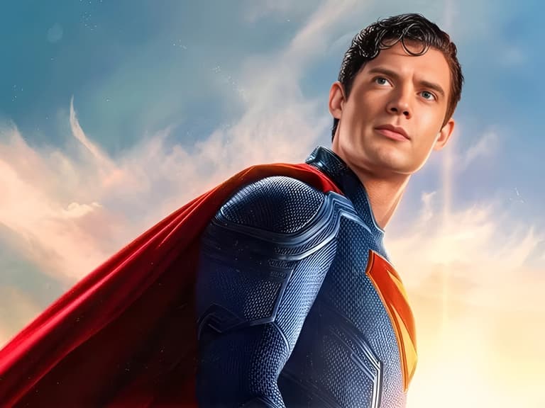 Superman in blue suit with red cape stands against a cloudy sky, looking upwards with determination.
