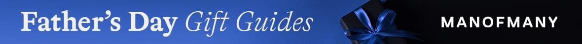 Father's Day Gift Guides banner with blue ribbon on a black gift box against a blue background.