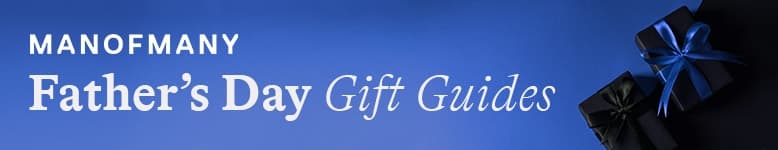 Man of Many Father's Day Gift Guides banner with blue background and two wrapped gifts.