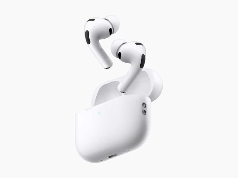 Apple AirPods Pro 3 in white case, earbuds slightly elevated, on a white background.