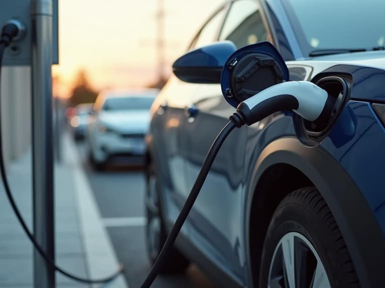 Blue plug-in hybrid car charging at a station during sunset, with a focus on the charging cable and port.