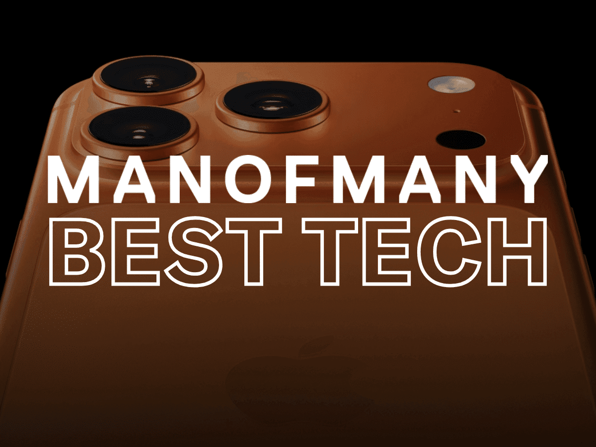 Apple iPhone in copper finish with triple camera setup and Man of Many Best Tech text overlay.